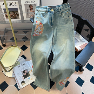 潮牌中国风设计感刺绣宽松阔腿裤 2025年新款 子 男春秋季 直筒牛仔裤