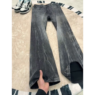 黑灰色闪电纹牛仔裤男款春秋季美式高街设计感修身显瘦直筒微喇裤