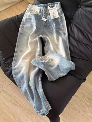 美式高街浅色牛仔裤男设计感破洞