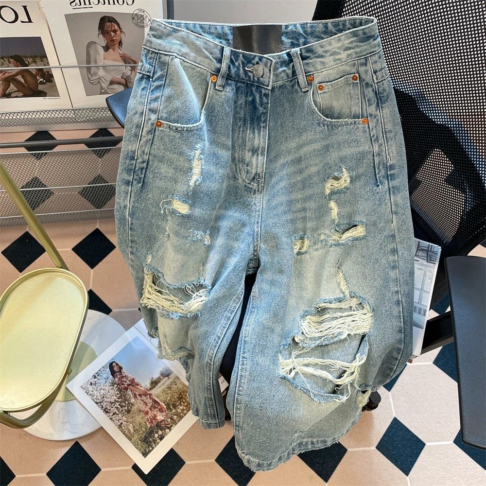 美式水洗做旧破洞牛仔裤男2026夏季新款高街潮牌宽松阔腿七分中裤