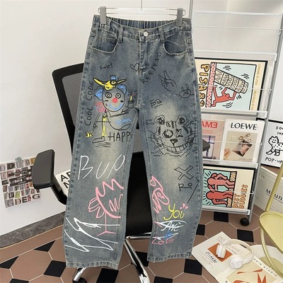 美式高街涂鸦牛仔裤男春秋季新款