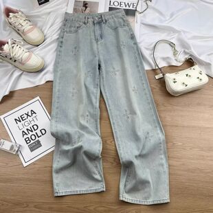 浅色刺绣牛仔裤 阔腿老爹裤 男春季 高街潮牌宽松直筒休闲裤 新款 美式