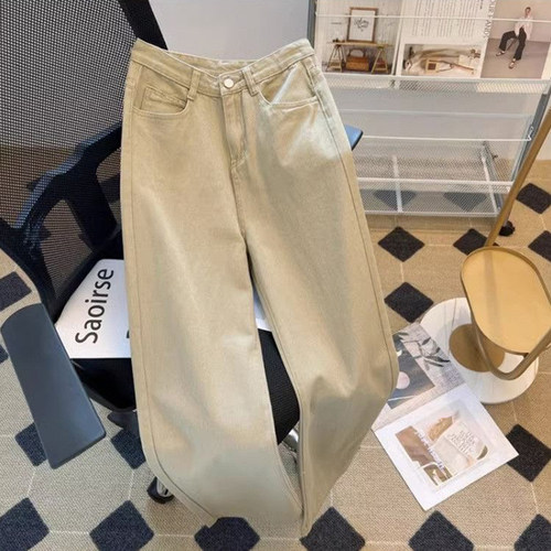 日系卡其色牛仔裤男水洗宽松直筒