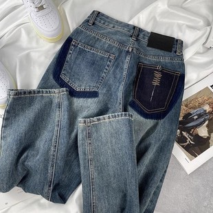 美式复古牛仔裤男秋季设计感小众炸街直筒裤子潮牌痞帅宽松阔腿裤