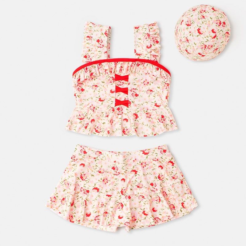 儿童游泳衣碎花女童分体中小童2024新款女孩温泉裙式泳衣游泳装备