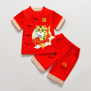 男宝宝夏季抓周红色冠衣服男童1一2周岁宴礼服小男孩套装唐装汉服