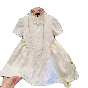 2024夏季新款儿童国风盘扣汉服旗袍裙女童淑女珍珠收腰礼服公主裙