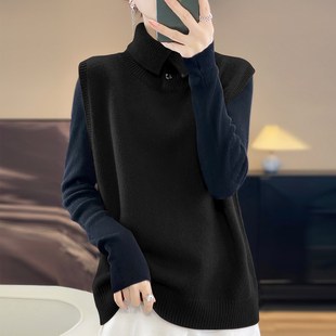 设计感翻领立领羊毛针织马甲女春秋2024新款 毛衣背心 宽松叠穿时尚