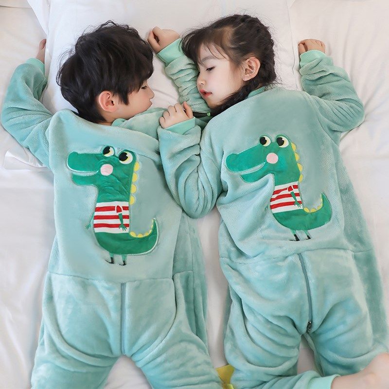 男童连体睡衣秋冬薄款珊瑚绒防踢被中大童男孩法兰绒冬季儿童睡袋