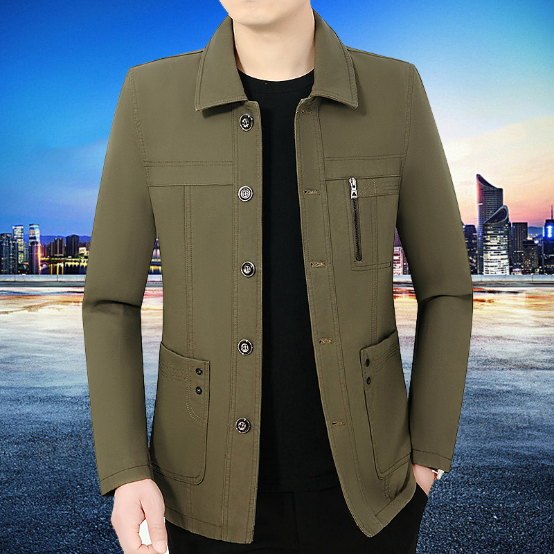 新款中年夹克男春秋爸爸休闲薄款外套中老年人爷爷翻领纯棉夹克衫