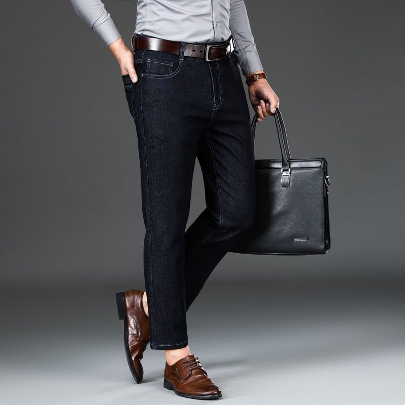 牛仔九分裤男加绒加厚秋冬羊羔绒中年爸爸高腰直筒宽松冬季保暖裤