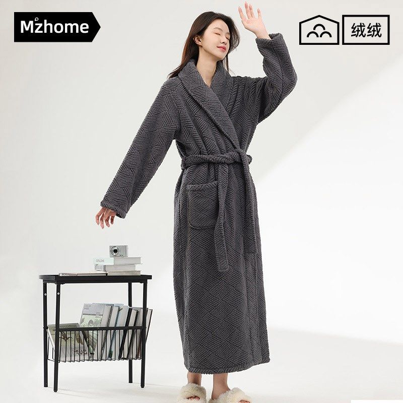 半边绒睡袍女新款冬季浴袍加厚保暖珊瑚绒情侣睡衣浴衣长款男士