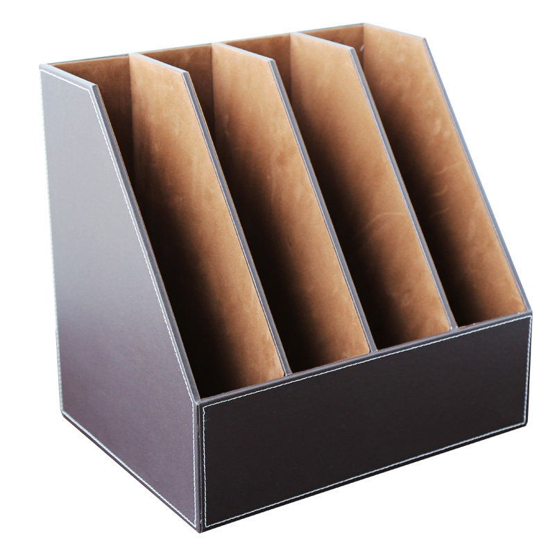 办公用品创意文件柜高档皮革文件框大容量桌面收纳四联文件座咖色