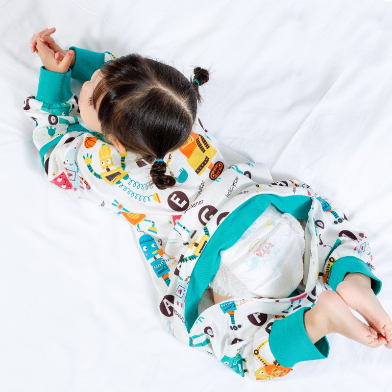 小孩分腿睡袋夏季薄款男童空调服可拆袖单层纯棉睡衣儿童连体衣女