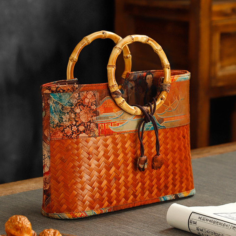 复古中式锦缎竹编包手提篮文艺风旅行便携手拎茶具收纳包布袋茶箱