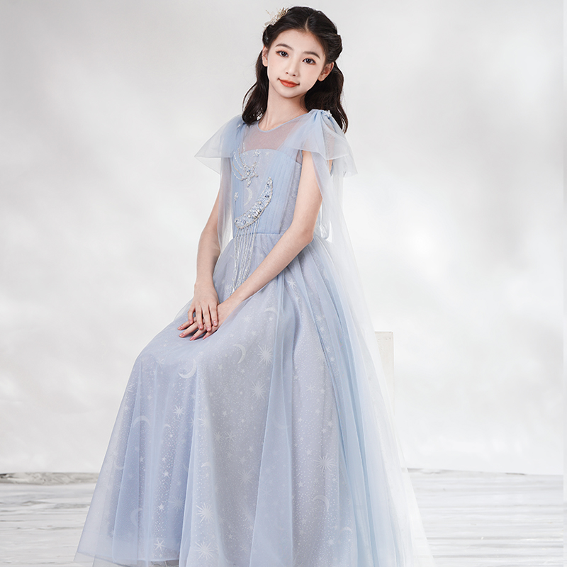 高档儿童礼服女童公主裙花童蓬蓬洋气小女孩钢琴演出服星月雾霾蓝