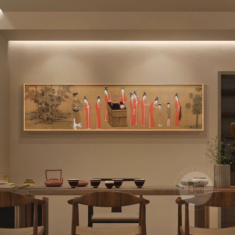 簪花仕女图茶室挂画新中式唐代国画客厅装饰画卧室床头背景墙壁画