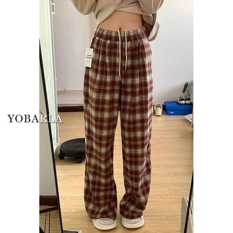红色格子休闲裤女春秋高腰胖mm大码宽松梨形身材显瘦直筒阔腿裤子