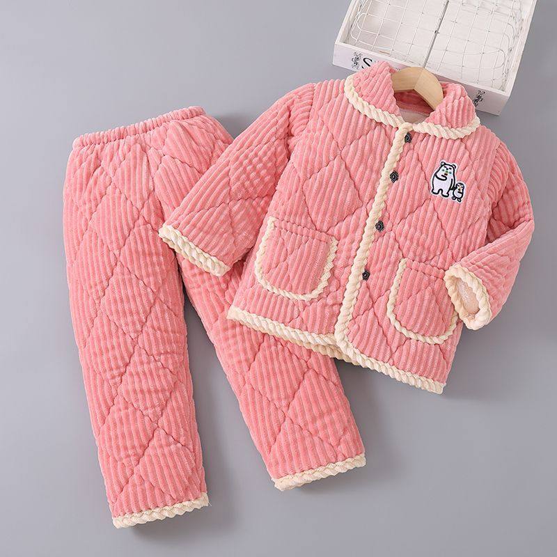 冬季加厚法兰绒儿童睡衣加绒家居服男童套装夹棉女童宝宝三层超厚