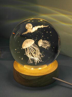 发光水晶球小摆件卧室书房桌面海洋生物小夜灯教师节送人生日礼物