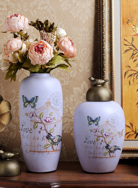 美式乡村陶瓷带盖储物罐 客厅家居装饰工艺品软装样板间结婚摆件