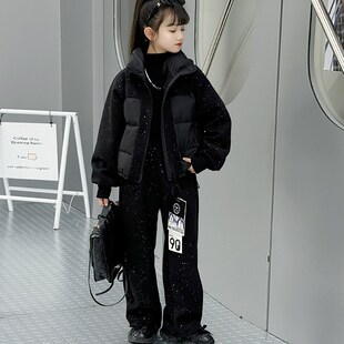 女童冬季棉衣套装童装新款毛呢拼接外套直筒裤两件套满天星短款袄