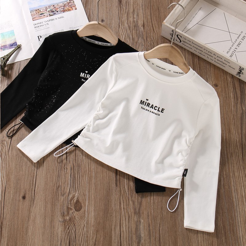 女童长袖t恤2024新款春秋潮酷洋气纯棉上衣女孩高腰黑白色打底衫
