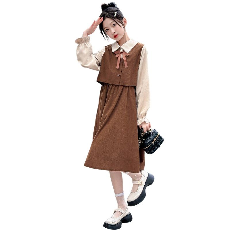 女童春秋连衣裙2024新款洋气学院风假两件套装裙子儿童秋装女大童