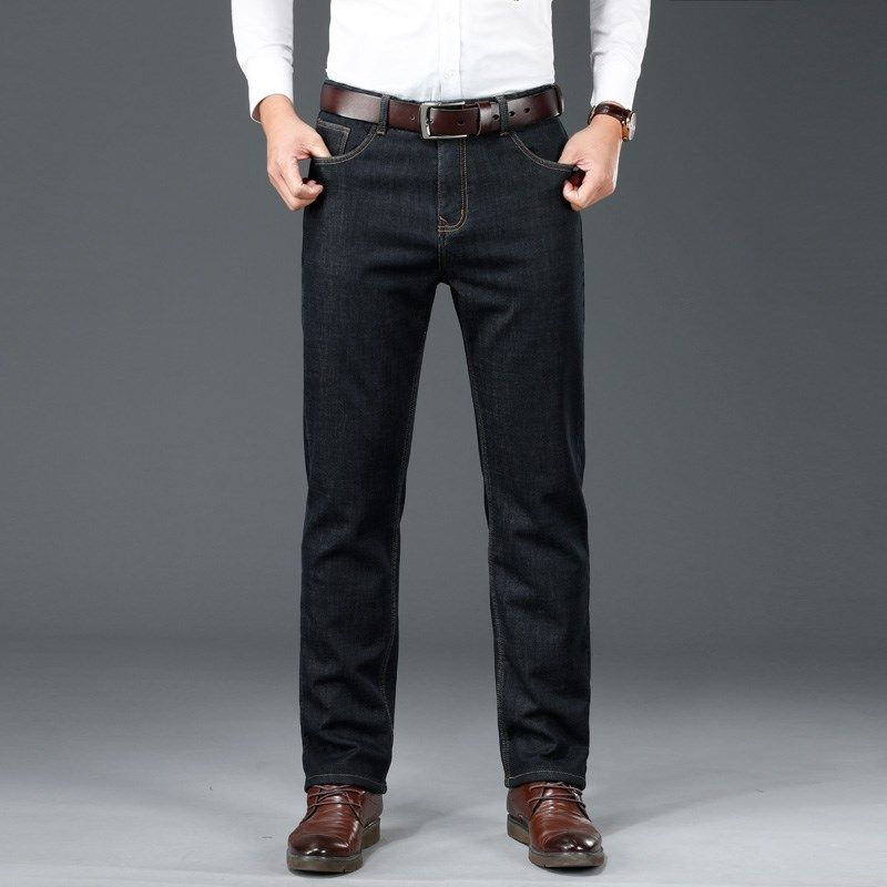 冬季加绒加厚牛仔裤男高腰深档直筒宽松弹力中年爸爸羊羔绒保暖裤