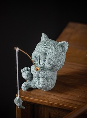 创意可爱小猫咪钓鱼茶宠摆件国潮萌猫线香插鱼缸造景盆栽桌面装饰