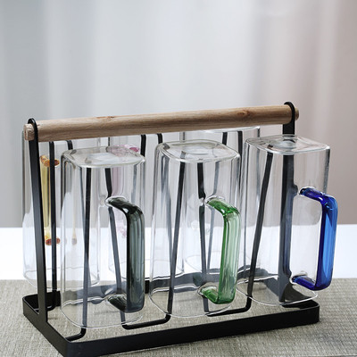 耐热玻璃杯带盖方型绿茶杯带把茶楼专用喝水杯子透明家用六个套装