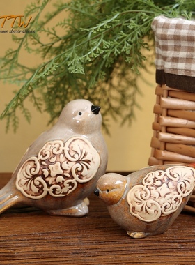 陶瓷花纹对鸟摆件 复古欧式中式怀旧花园庭院别墅桌面装饰礼品