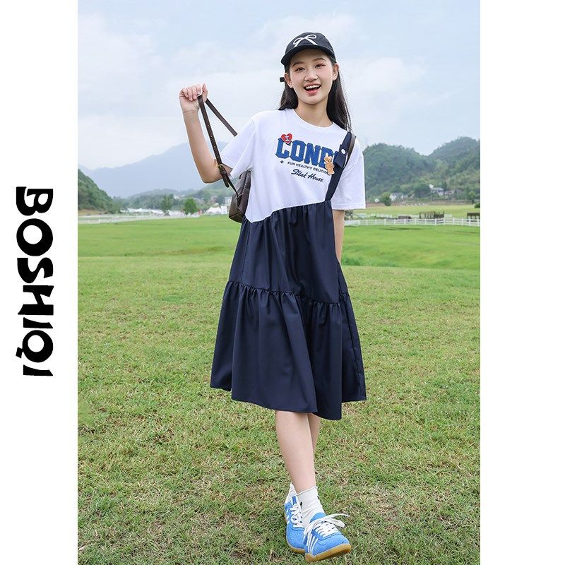 初中生连衣裙少女孩新款2024夏季高中生中长裙子大童短袖学生时尚
