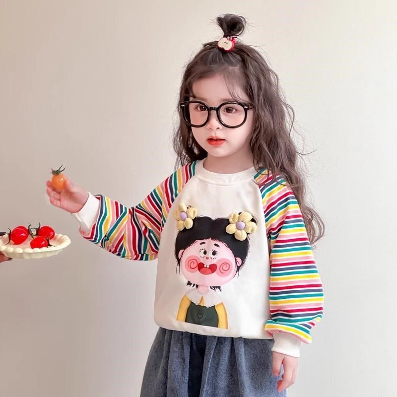 女童卫衣春秋款薄款2025新款春季条纹上衣可爱女孩宝宝春装打底衫