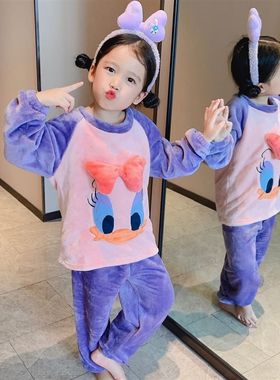 儿童法兰绒睡衣男童秋冬保暖珊瑚绒圆领套头家居服女宝宝加绒套装