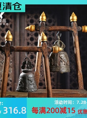 东南亚家具浮雕木质铜铃铛摆件 泰国工艺品简易实木雕刻创意摆饰