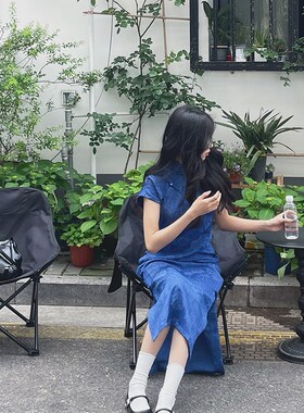 因蓝古法旗袍2024新款年轻款少女日常蓝色民国风复古优雅夏季宽松