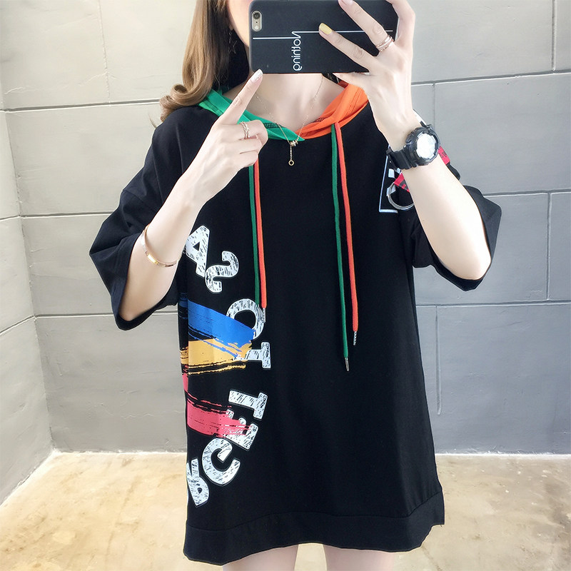 2022夏装新款超大码胖mm带帽短袖卫衣女薄款宽松上衣女t恤潮