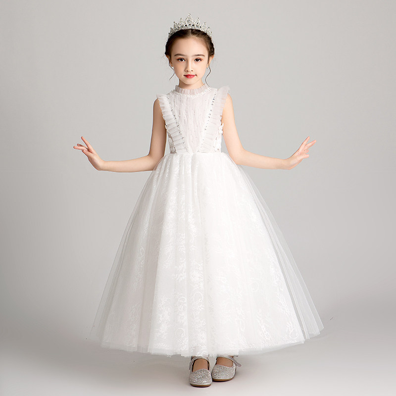 白色礼服女童公主裙生日洋气小女孩花童主持人儿童钢琴演出服长裙