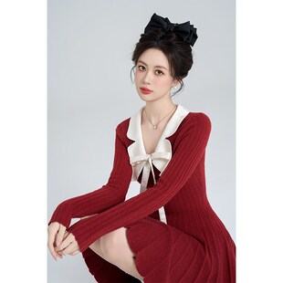 蝴蝶结红色修身毛衣打底连衣裙女冬季高级感荷叶边显瘦内搭a字裙