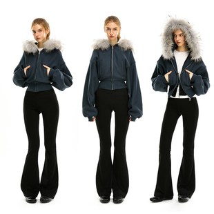 KVKV 藏蓝真毛领短款拉链连帽衫 秋冬季设计感加厚卫衣开衫外套女