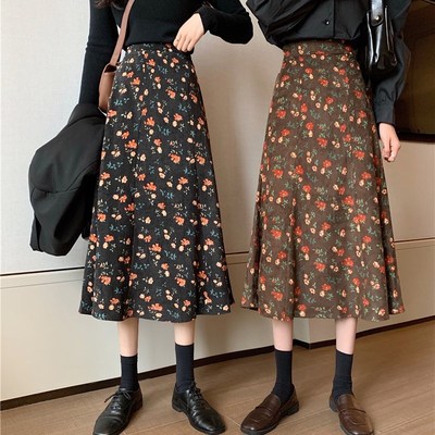 大码法式复古灯芯绒碎花中长款2020秋冬显瘦遮胯a字裙百搭半身裙