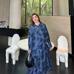 早秋炫花两件套大码女装2024秋季新款胖mm衬衫半身裙宽松复古套装