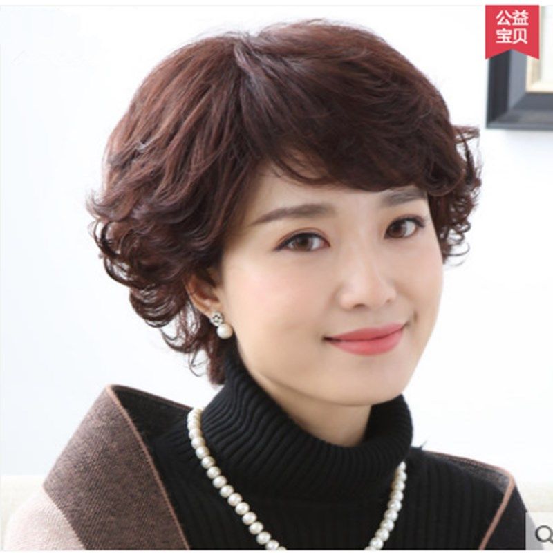 中老年假发女短发短卷发蛋卷头花自然真发中老年蓬松斜刘海假发套