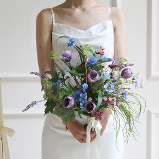 高级感出嫁紫色郁金香仿真花摄影领证花束蓝色婚礼手捧花新娘结婚