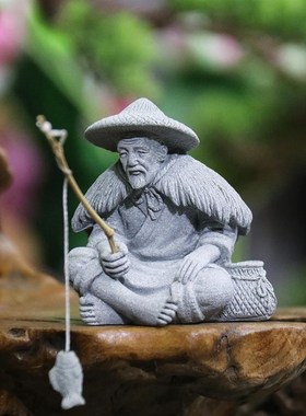 仿石钓鱼翁造景装饰摆件中式假山花卉鱼缸造景姜太公钓鱼老翁摆设