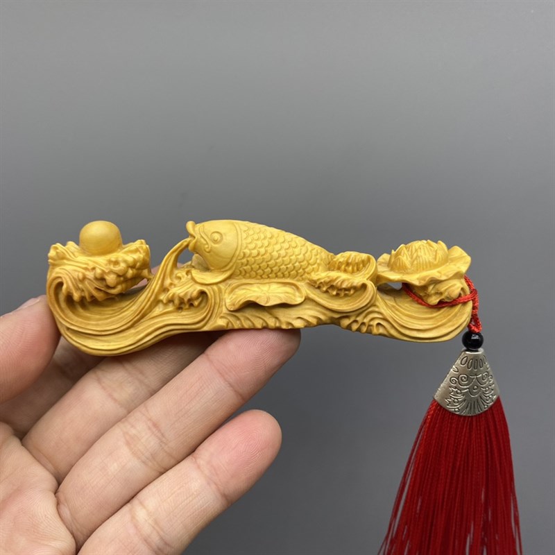 黄杨崖柏木雕刻如鱼得水实木手把件吊坠如意文玩汽车家居装饰摆件