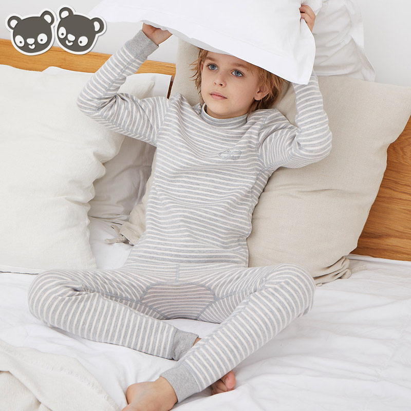 彩棉男童保暖内衣套装加绒加厚纯棉半高领中大童儿童秋衣秋裤全棉