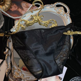 高级感缎面珠光法式性感睫毛蕾丝两边系带可解开内裤女士网纱