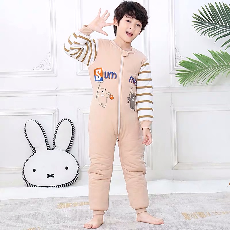 宝宝睡袋秋冬加厚男童女童儿童防踢被中大童连体睡衣冬季厚款分腿